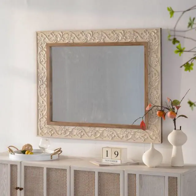 Main image of Vintage Carved Pattern Rectangular Wall Mirror, Ornate Frame for Living Room/Bedroom Retro Decor