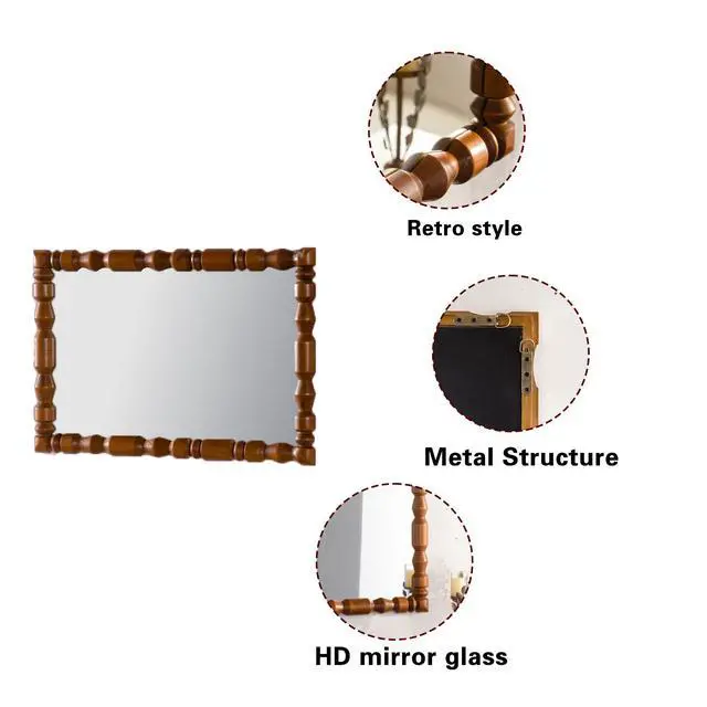 Alt view image 6 of 7 - Vintage Wooden Carved Wall Mirror, Decorative Column Frame for Living Room/Entryway Retro Decor