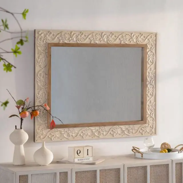 Alt view image 3 of 7 - Vintage Carved Pattern Rectangular Wall Mirror, Ornate Frame for Living Room/Bedroom Retro Decor