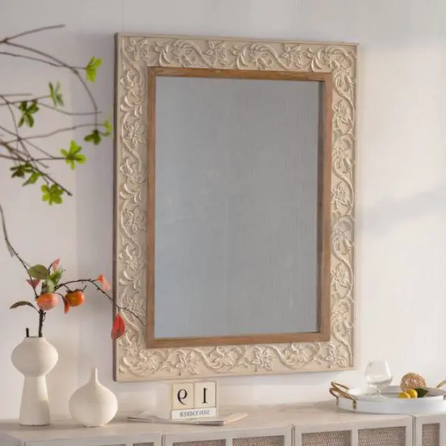 Alt view image 2 of 7 - Vintage Carved Pattern Rectangular Wall Mirror, Ornate Frame for Living Room/Bedroom Retro Decor