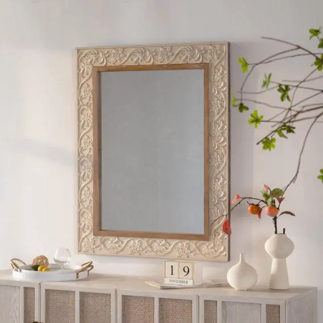 Alt view image 4 of 7 - Vintage Carved Pattern Rectangular Wall Mirror, Ornate Frame for Living Room/Bedroom Retro Decor