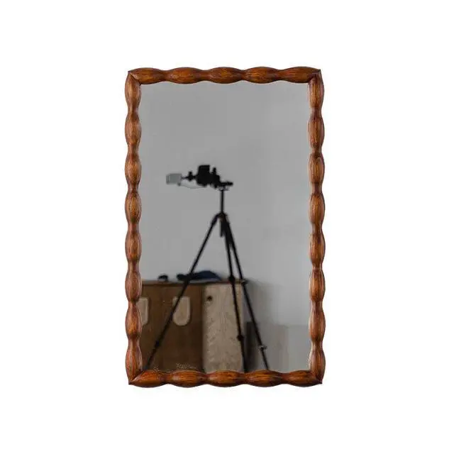 Alt view image 2 of 3 - 36.02" Mid-Century Modern Swirl Wood Frame Mirror - Solid Wood & MDF Wall-Mounted Full-Length Mirror, Brown Decorative Mirror for Bedroom/Living Room