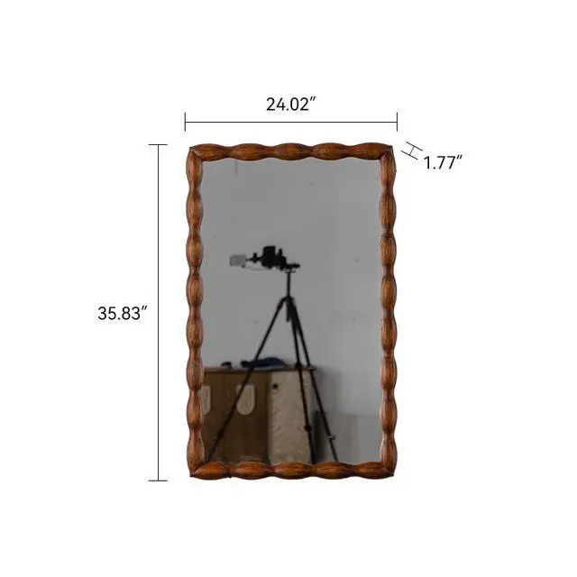 Alt view image 3 of 3 - 36.02" Mid-Century Modern Swirl Wood Frame Mirror - Solid Wood & MDF Wall-Mounted Full-Length Mirror, Brown Decorative Mirror for Bedroom/Living Room