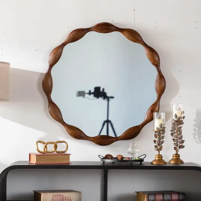 Main image of 32.28" Solid Wood Round Mirror, Rustic Farmhouse Wavy Irregular Decorative Wall Mirror - Walnut, Large Circle Wood Frame Mirror for Living Room, Hallway, Entryway