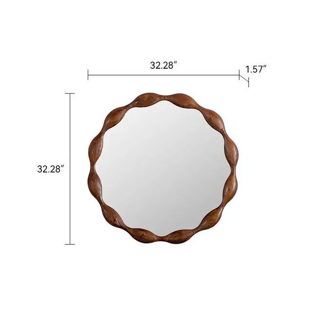 Alt view image 3 of 4 - 32.28" Solid Wood Round Mirror, Rustic Farmhouse Wavy Irregular Decorative Wall Mirror - Walnut, Large Circle Wood Frame Mirror for Living Room, Hallway, Entryway