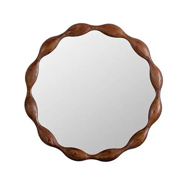 Alt view image 4 of 4 - 32.28" Solid Wood Round Mirror, Rustic Farmhouse Wavy Irregular Decorative Wall Mirror - Walnut, Large Circle Wood Frame Mirror for Living Room, Hallway, Entryway