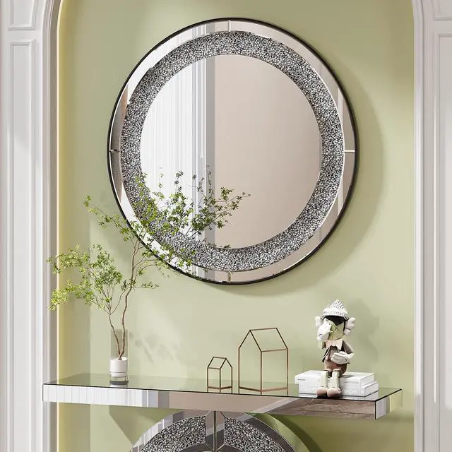 Main image of 33.46"(85cm)Crystal Crush Diamond Sparkly round Silver Mirror for Wall Decoration