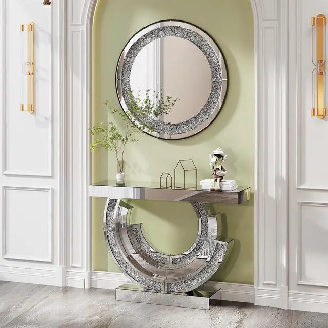 Alt view image 4 of 7 - 33.46"(85cm)Crystal Crush Diamond Sparkly round Silver Mirror for Wall Decoration