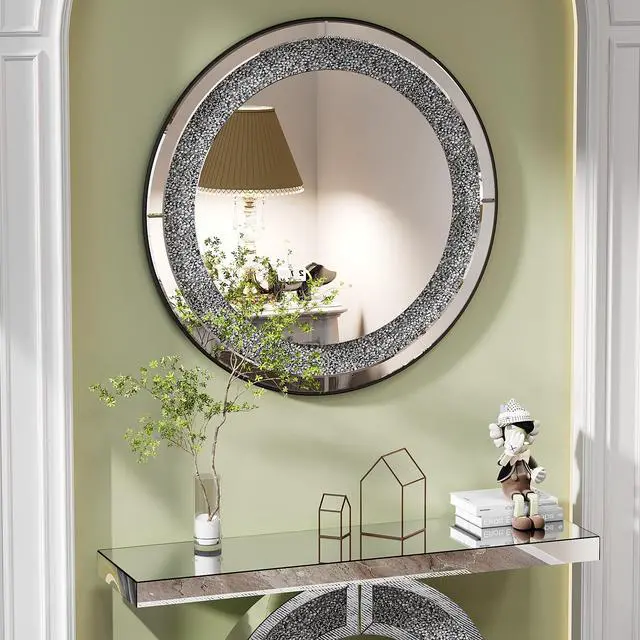 Alt view image 3 of 7 - 33.46"(85cm)Crystal Crush Diamond Sparkly round Silver Mirror for Wall Decoration