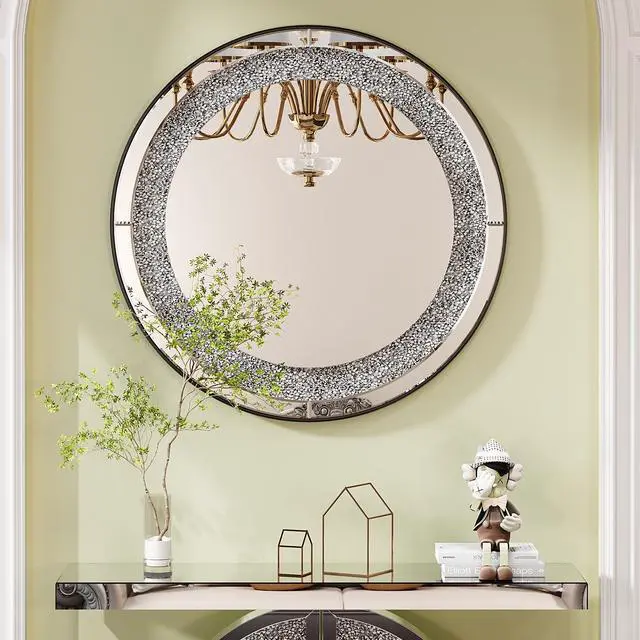 Alt view image 2 of 7 - 33.46"(85cm)Crystal Crush Diamond Sparkly round Silver Mirror for Wall Decoration