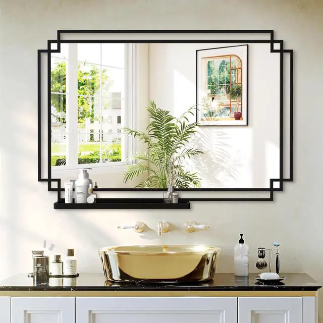 Main image of 24*36 Ines Modern Vanity Mirror with Multi-functional Shelf, Large bathroom Mirror, Black Frame Decoration Mirror, Suitable for Bathroom, Living Room, Bedroom