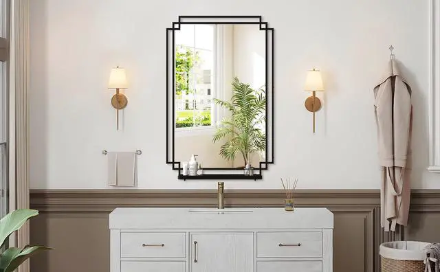 Alt view image 2 of 7 - 24*36 Ines Modern Vanity Mirror with Multi-functional Shelf, Large bathroom Mirror, Black Frame Decoration Mirror, Suitable for Bathroom, Living Room, Bedroom