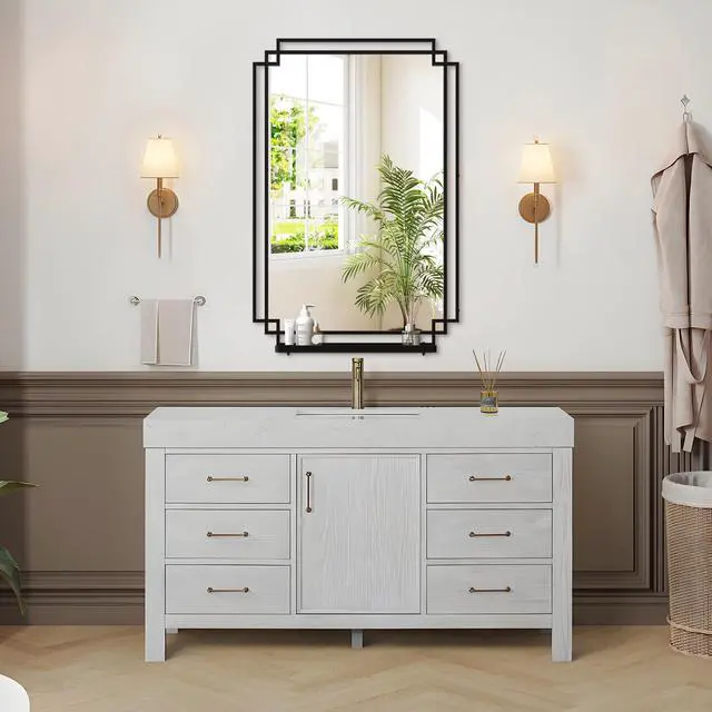 Alt view image 5 of 7 - 24*36 Ines Modern Vanity Mirror with Multi-functional Shelf, Large bathroom Mirror, Black Frame Decoration Mirror, Suitable for Bathroom, Living Room, Bedroom
