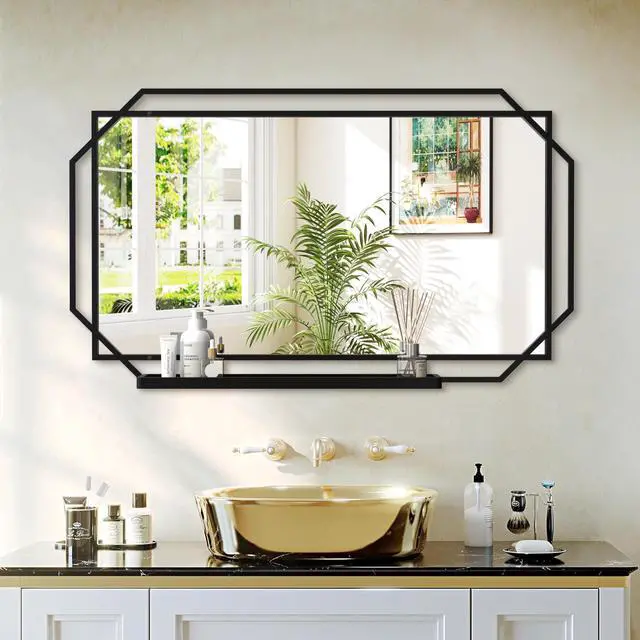 Main image of 21*36 Ines Modern Vanity Mirror with Multi-functional Shelf, Large bathroom Mirror, Black Frame Decoration Mirror, Suitable for Bathroom, Living Room, Bedroom