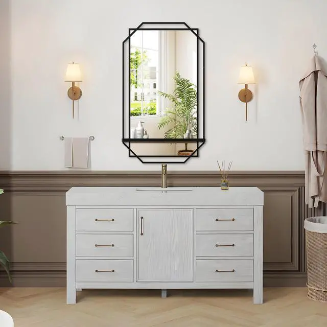 Alt view image 2 of 7 - 21*36 Ines Modern Vanity Mirror with Multi-functional Shelf, Large bathroom Mirror, Black Frame Decoration Mirror, Suitable for Bathroom, Living Room, Bedroom