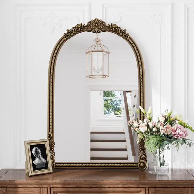 Main image of 37"Arch Vintage Relief Mirror Wall Hanging Elegant Decorative Mirror for Home Decor Retro Beautiful Design,Perfect for Living Room Bedroom and Hallway,vintage gold