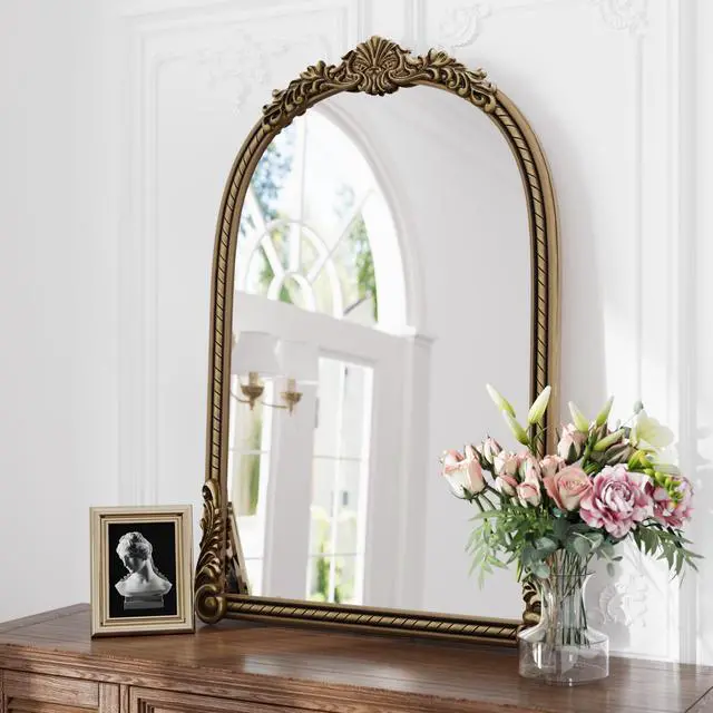 Alt view image 2 of 7 - 37"Arch Vintage Relief Mirror Wall Hanging Elegant Decorative Mirror for Home Decor Retro Beautiful Design,Perfect for Living Room Bedroom and Hallway,vintage gold