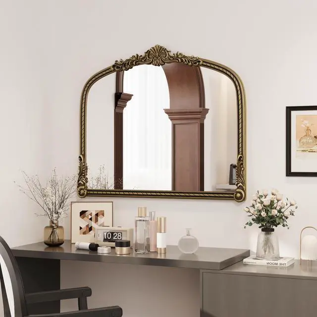 Alt view image 2 of 7 - 36.61" Wide Arch Vintage Relief Mirror Wall Hanging Elegant Decorative Mirror for Home Decor Retro Beautiful Design,Perfect for Living Room Bedroom and Hallway,Vintage gold
