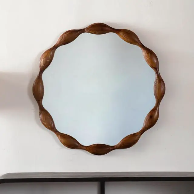 Alt view image 2 of 4 - 32.28" Solid Wood Round Mirror, Rustic Farmhouse Wavy Irregular Decorative Wall Mirror - Walnut, Large Circle Wood Frame Mirror for Living Room, Hallway, Entryway