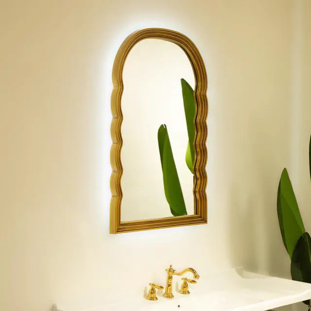 Alt view image 4 of 7 - 24'' Lumina Mirror, Golden Scalloped Sides Retro-style Arched PU Decorative Mirror, Three Color Temperatures are Available, Suitable for Bathroom, Bedroom, Living Room, Corridor, Entryway, etc.