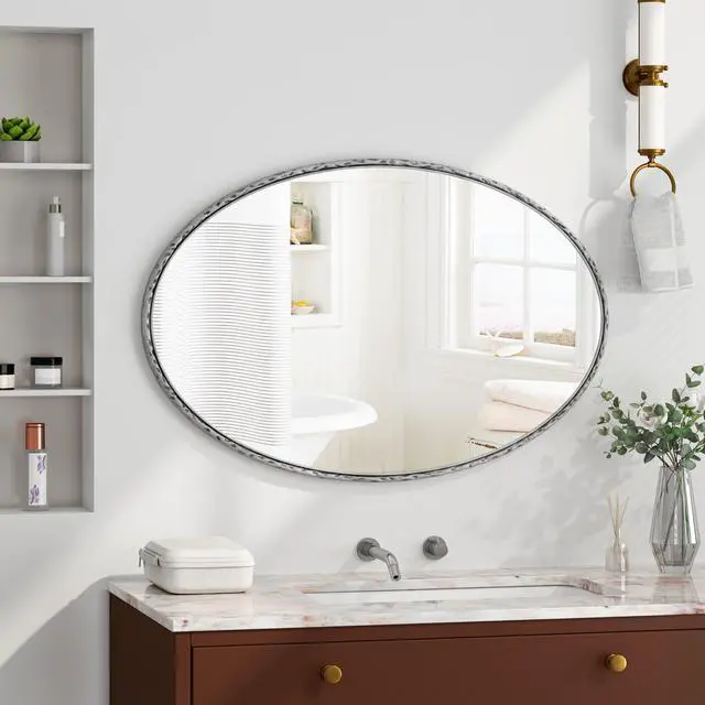 Alt view image 2 of 7 - Iron Art Oval Retro Mirror, Antique Effect, Wall Hanging, Suitable For Bathroom, Bedroom, Living Room (Silver)