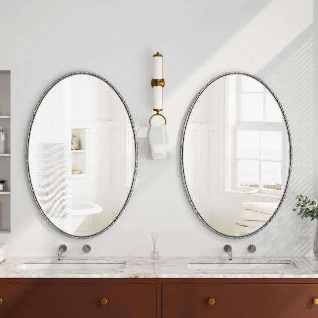Alt view image 5 of 7 - Iron Art Oval Retro Mirror, Antique Effect, Wall Hanging, Suitable For Bathroom, Bedroom, Living Room (Silver)