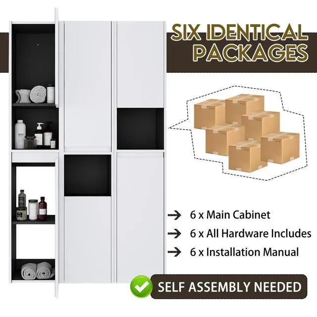 Alt view image 4 of 7 - 12" Bathroom Side Cabinet,6-Soft Close Doors,Float Mounting Design,0112WH*3-0212WH-K*3(KD-Packing)