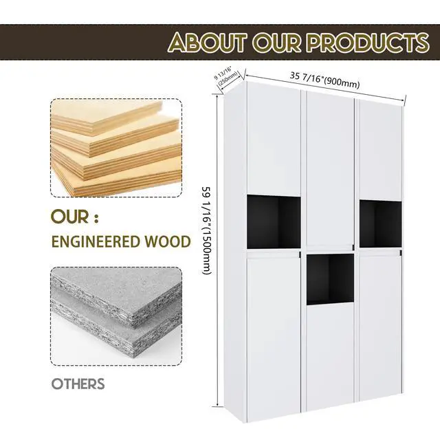 Alt view image 5 of 7 - 12" Bathroom Side Cabinet,6-Soft Close Doors,Float Mounting Design,0112WH*3-0212WH-K*3(KD-Packing)