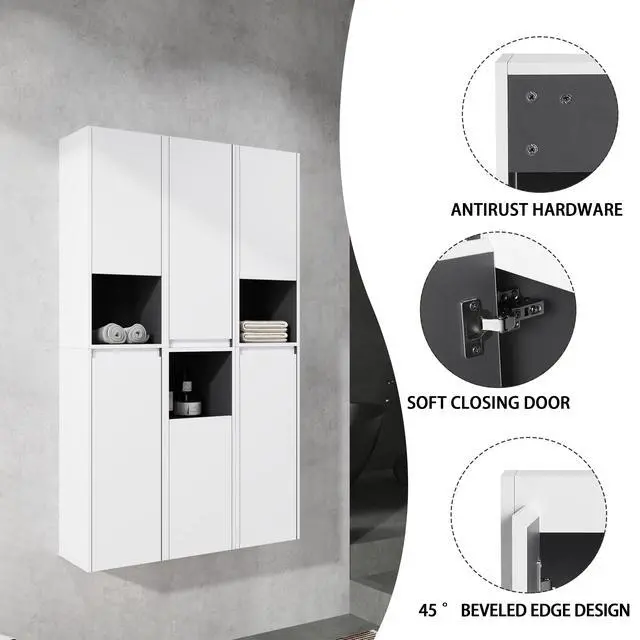Alt view image 7 of 7 - 12" Bathroom Side Cabinet,6-Soft Close Doors,Float Mounting Design,0112WH*3-0212WH-K*3(KD-Packing)