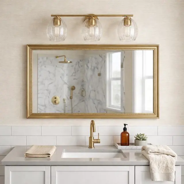 Alt view image 5 of 6 - Luster Three Lights Vanity with Clear Glass for Bathrooms Above Mirror Wall Lamp - Satin Brass