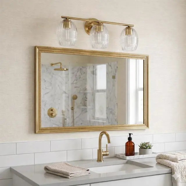 Alt view image 6 of 6 - Luster Three Lights Vanity with Clear Glass for Bathrooms Above Mirror Wall Lamp - Satin Brass