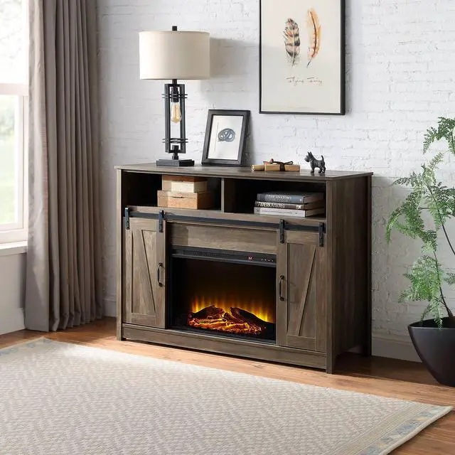 Main image of Rustic Oak 2-Door Fireplace With 2 Shelves