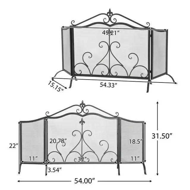 Alt view image 2 of 7 - Onyx 3-Panel Iron Fireplace Screen 54" X 31.5", Black Finish