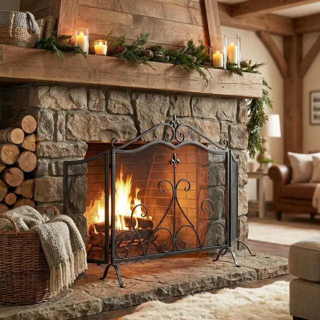 Main image of Onyx 3-Panel Iron Fireplace Screen 54" X 31.5", Black Finish
