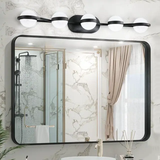 Main image of 35" Modern Minimalist Bathroom Vanity Light, Led 5 Bulb Crystal Sand Acrylic Shades, Wall Mounted Decorative Lighting Fixture, Suitable for Bathroom Vanity Mirror (Black)