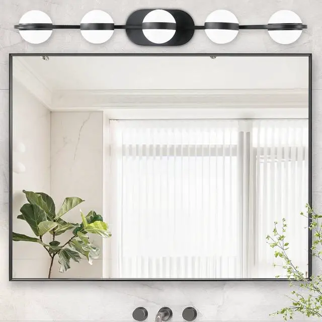 Alt view image 2 of 7 - 35" Modern Minimalist Bathroom Vanity Light, Led 5 Bulb Crystal Sand Acrylic Shades, Wall Mounted Decorative Lighting Fixture, Suitable for Bathroom Vanity Mirror (Black)