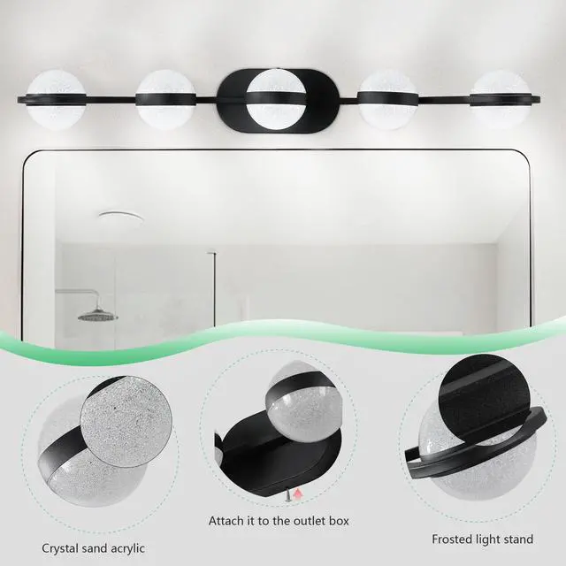 Alt view image 5 of 7 - 35" Modern Minimalist Bathroom Vanity Light, Led 5 Bulb Crystal Sand Acrylic Shades, Wall Mounted Decorative Lighting Fixture, Suitable for Bathroom Vanity Mirror (Black)
