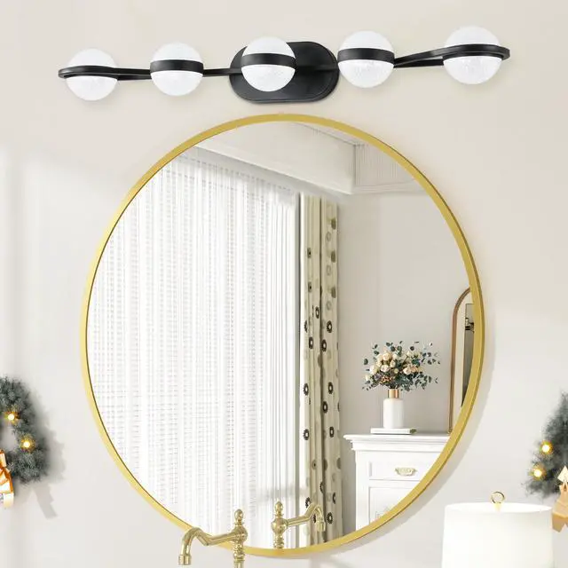 Alt view image 3 of 7 - 35" Modern Minimalist Bathroom Vanity Light, Led 5 Bulb Crystal Sand Acrylic Shades, Wall Mounted Decorative Lighting Fixture, Suitable for Bathroom Vanity Mirror (Black)