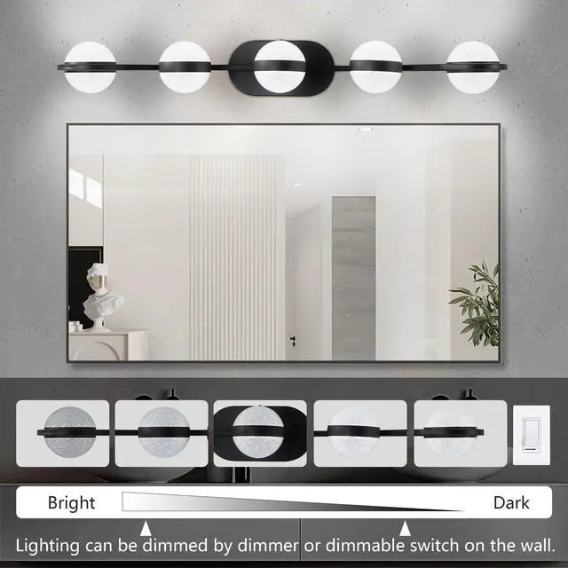 Alt view image 4 of 7 - 35" Modern Minimalist Bathroom Vanity Light, Led 5 Bulb Crystal Sand Acrylic Shades, Wall Mounted Decorative Lighting Fixture, Suitable for Bathroom Vanity Mirror (Black)