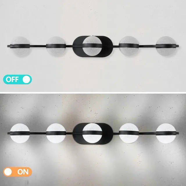 Alt view image 6 of 7 - 35" Modern Minimalist Bathroom Vanity Light, Led 5 Bulb Crystal Sand Acrylic Shades, Wall Mounted Decorative Lighting Fixture, Suitable for Bathroom Vanity Mirror (Black)