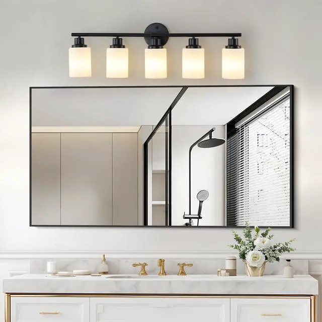 Alt view image 2 of 7 - 31" Modern 5-Light Vanity Bathroom Mirror Light, Frosted White Glass with Black Iron Frame, Contemporary Wall Sconce for Bedroom, Bathroom, and Dressing Room (Bulb Not included)