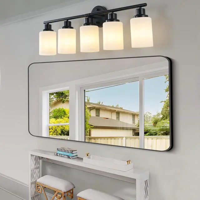 Alt view image 4 of 7 - 31" Modern 5-Light Vanity Bathroom Mirror Light, Frosted White Glass with Black Iron Frame, Contemporary Wall Sconce for Bedroom, Bathroom, and Dressing Room (Bulb Not included)
