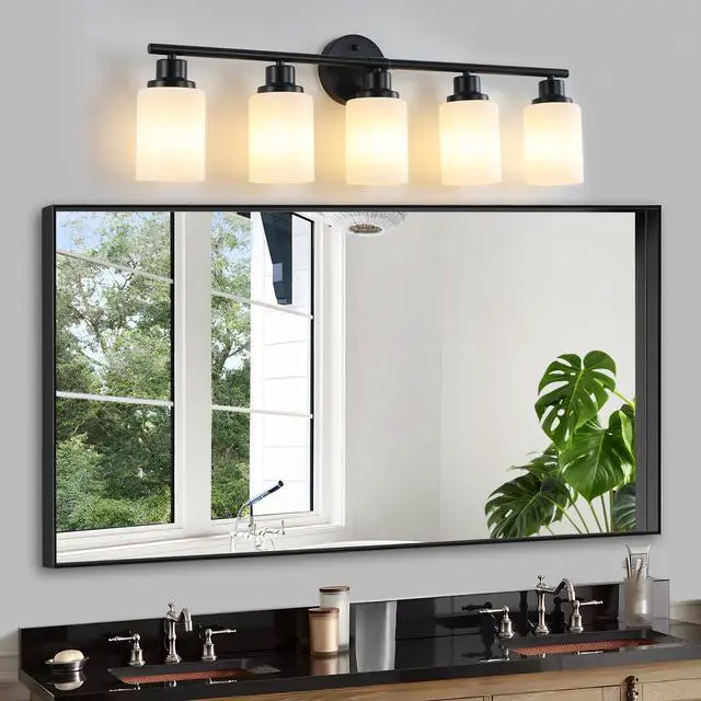 Alt view image 3 of 7 - 31" Modern 5-Light Vanity Bathroom Mirror Light, Frosted White Glass with Black Iron Frame, Contemporary Wall Sconce for Bedroom, Bathroom, and Dressing Room (Bulb Not included)