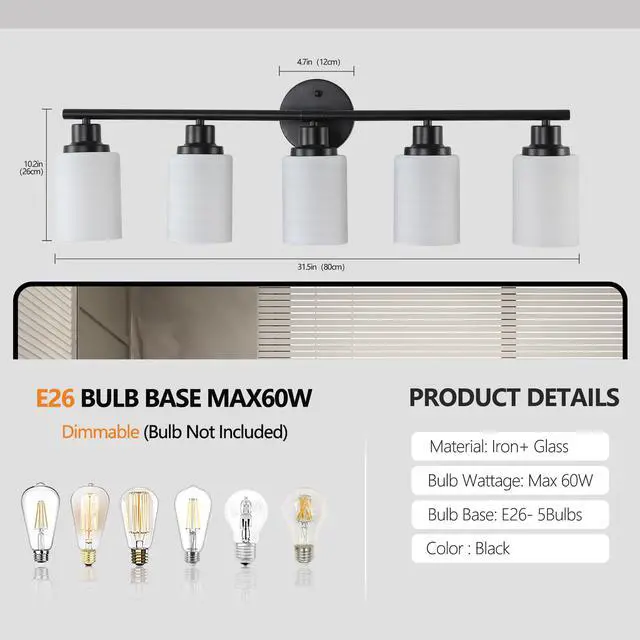 Alt view image 7 of 7 - 31" Modern 5-Light Vanity Bathroom Mirror Light, Frosted White Glass with Black Iron Frame, Contemporary Wall Sconce for Bedroom, Bathroom, and Dressing Room (Bulb Not included)