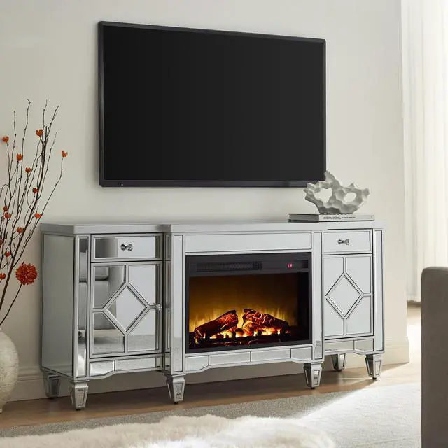 Alt view image 2 of 7 - W 57" X D 15 " X H 25.6" Flash Silver Combination Tv Fireplace Cabinet