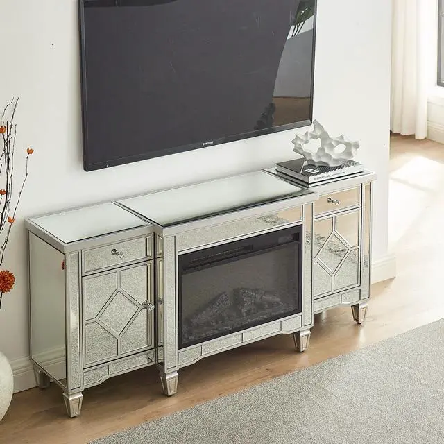 Alt view image 5 of 7 - W 57" X D 15 " X H 25.6" Flash Silver Combination Tv Fireplace Cabinet
