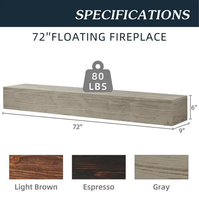 Alt view image 3 of 7 - 72" Rustic Wood Fireplace Mantel,Wall-Mounted & Floating Shelf For Home Decor
