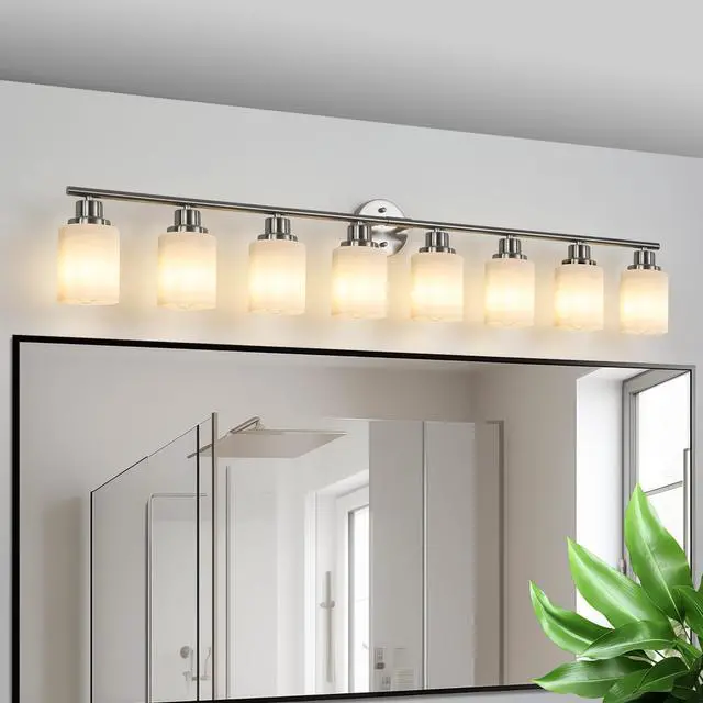 Main image of 52" Modern 8-Light Vanity Wall Sconce, Brushed Nickel Finish with Frosted Glass Shades for Bathroom Or Hallway Lighting (No Bulbs)