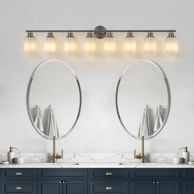 Alt view image 4 of 7 - 52" Modern 8-Light Vanity Wall Sconce, Brushed Nickel Finish with Frosted Glass Shades for Bathroom Or Hallway Lighting (No Bulbs)