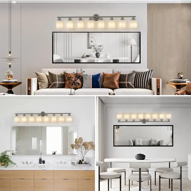 Alt view image 5 of 7 - 52" Modern 8-Light Vanity Wall Sconce, Brushed Nickel Finish with Frosted Glass Shades for Bathroom Or Hallway Lighting (No Bulbs)